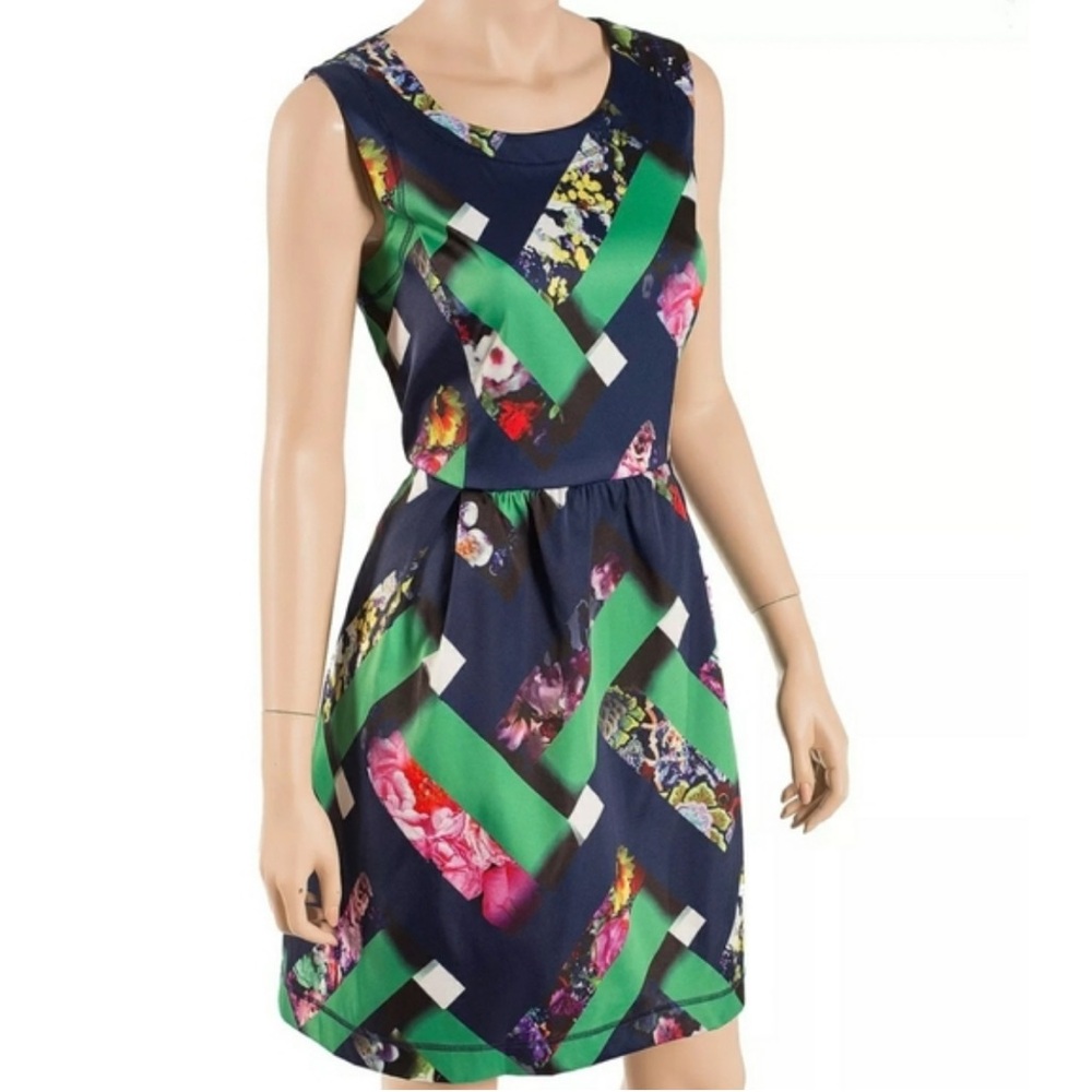 Cynthia Rowley Navy and Green Geometric Floral Mini Dress